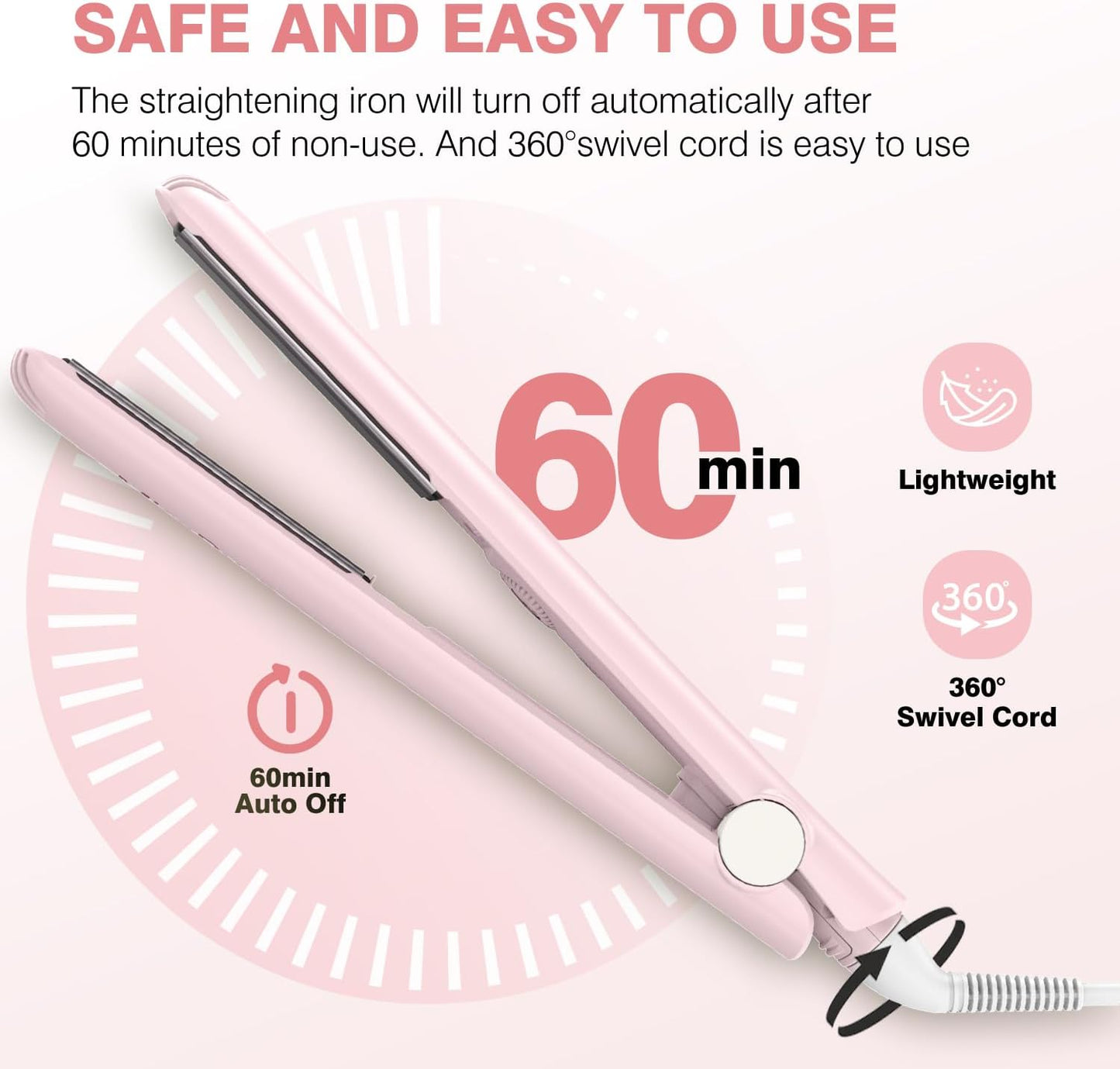 MiroPure 1 Inch Flat Iron, Hair Straightener with 30S Fast Heating & 60min Auto Shut-Off, Hair Straightener and Curler 2 in 1 with 3D Ceramic Floating Plates, Pink