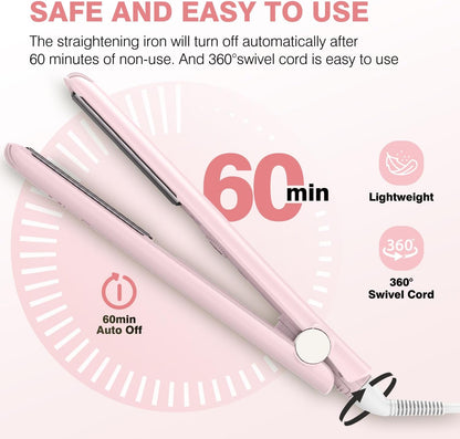 MiroPure 1 Inch Flat Iron, Hair Straightener with 30S Fast Heating & 60min Auto Shut-Off, Hair Straightener and Curler 2 in 1 with 3D Ceramic Floating Plates, Pink