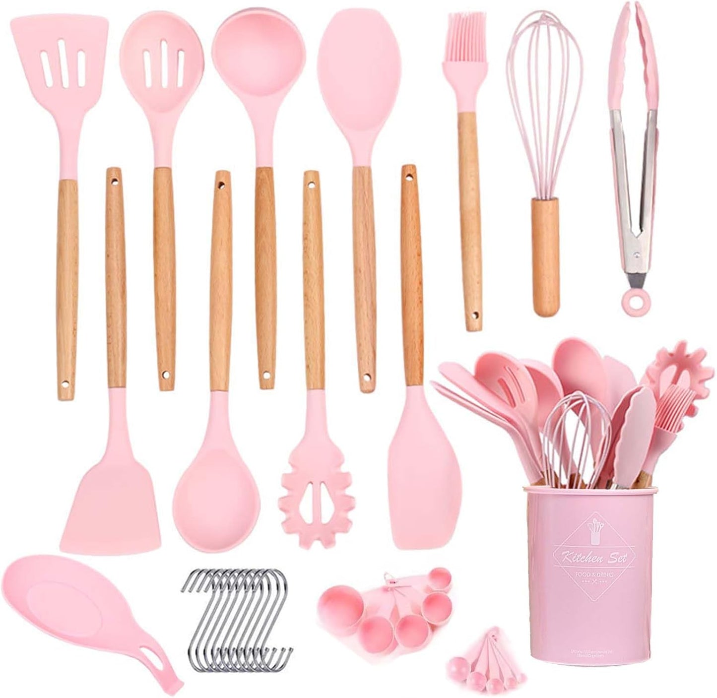 34pcs Silicone Cooking Utensils Set, Kitchen Silicone Cookware Set with 10 Hooks, Egg Beaters, Food Holders, Spoons Cooking Tools, Stirring Kitchen Tools for Nonstick Cookware (Pink)