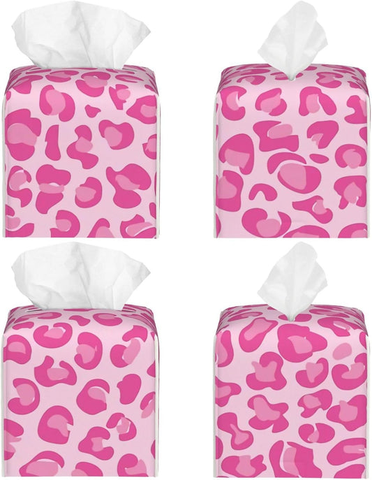 Pink Leopard Print Leather Tissue Box Holder, Suitable for Decorating Car Bathrooms, Bedrooms, Desks, and Tabletops