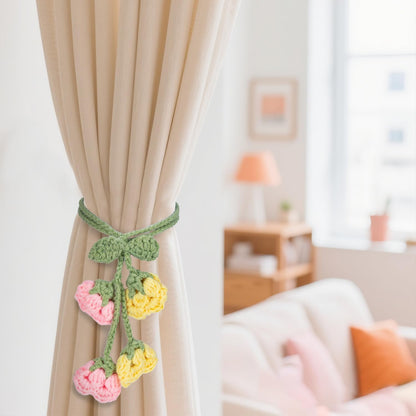 Flower Curtain Tiebacks, 4pcs Lily-of-The-Valley Curtains Holdbacks, Cute Curtain Holdbacks - No Drill Rope Holder, Drape Knitting Handmade for Nursery&Children's Room Decor (Pinkish/Yellow)