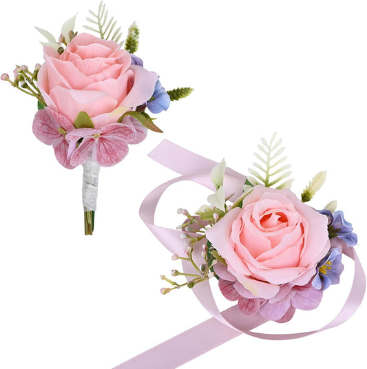 MAFELOE 2 Pieces Corsage and Boutonniere Set, Artificial Flowers Accessories Suit Decors for Prom Wedding Party Homecoming Celebration Business Event- Pink (W5-X1-MG-XY)