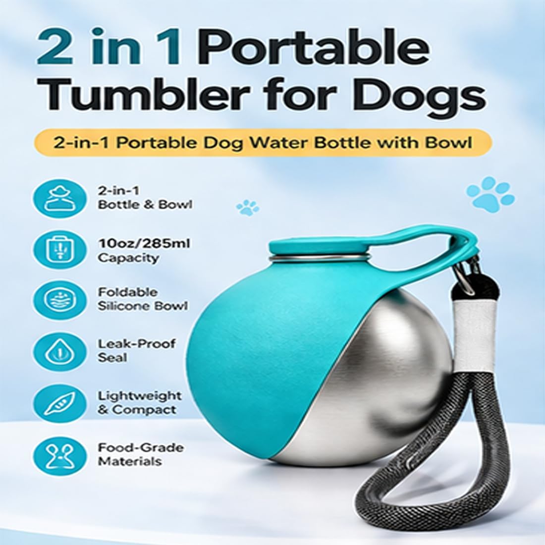 2 in 1 Portable Tumbler for Dogs, 2026 New 10Oz Stainless Steel Dog Water Bottle with Silicone Foldable Bowl, Leak-Proof 2 in 1 Portable Small Dog Water Bottle for Walking, Hiking & Travel (10Oz-Pink)