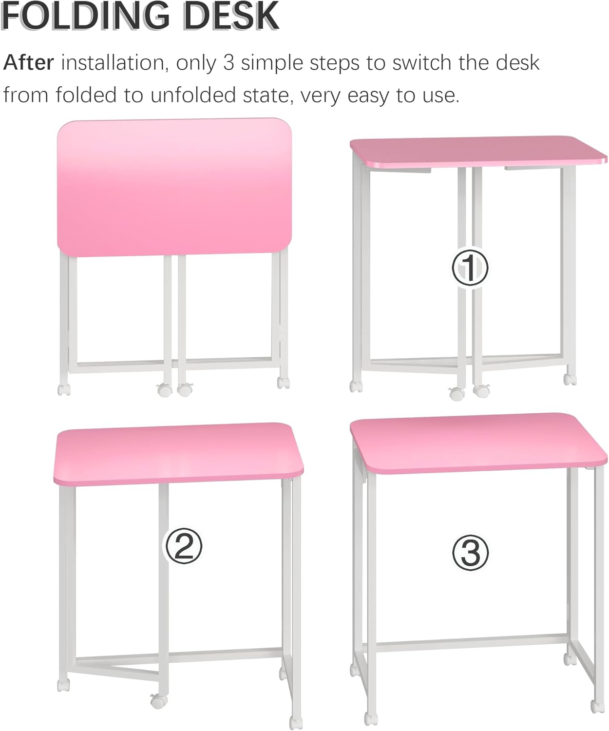 4NM 23.6" Mobile Small Rolling Computer Desk, Folding Laptop Cart Table with Wheels, Portable Office Desk for Small Space Couch Bed - Pink and White