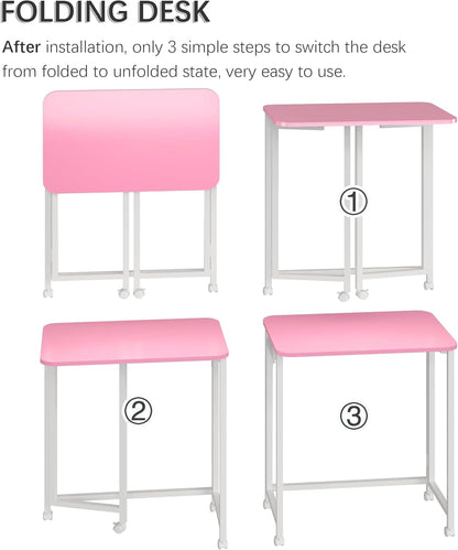 4NM 23.6" Mobile Small Rolling Computer Desk, Folding Laptop Cart Table with Wheels, Portable Office Desk for Small Space Couch Bed - Pink and White