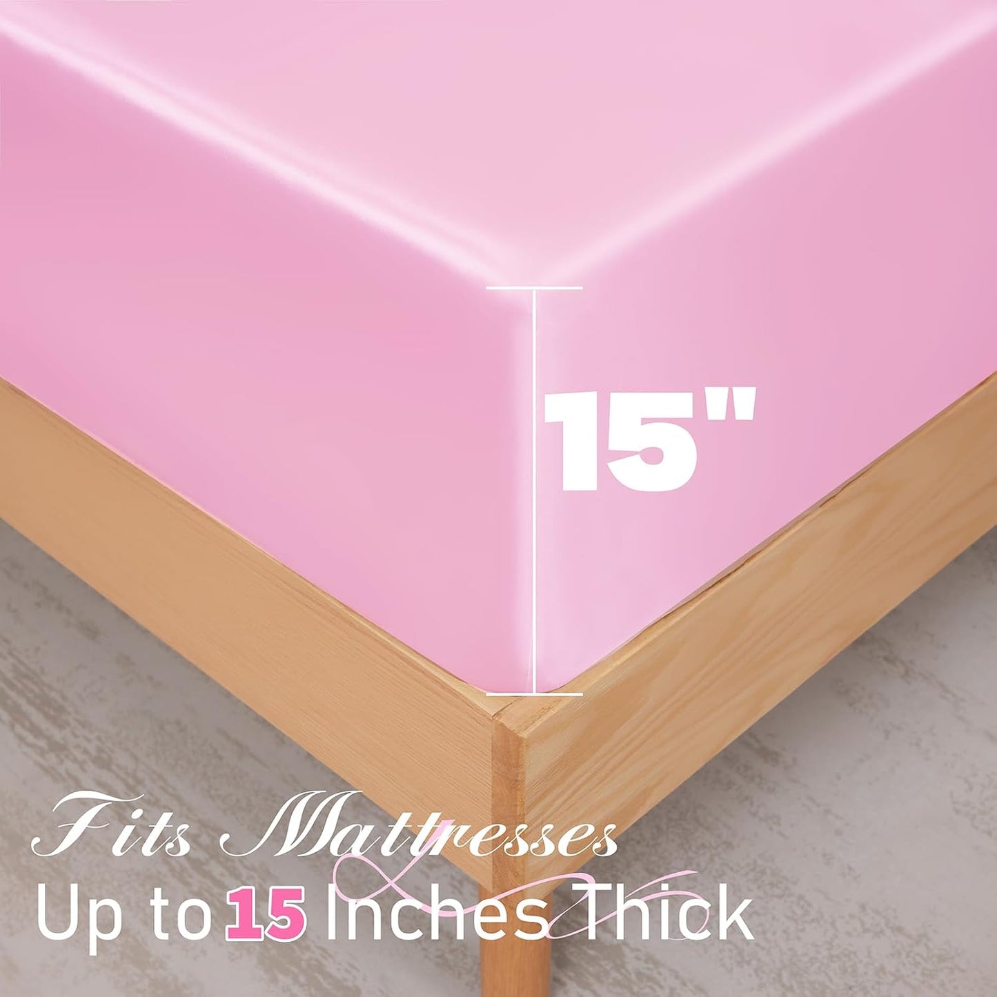 NSGZ 3 Pcs Satin Fitted Sheet and Pillowcase Set, Queen Silky Bottom Bedsheet Fit up to 15 Inch Deep Pocket Mattress, Pink Soft Satin Bedding Includes 1 Fitted Sheet and 2 Pillowcases