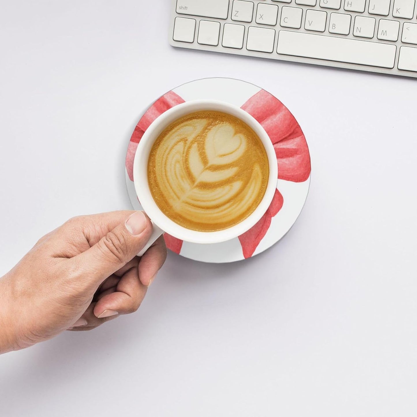 Watercolor Cute Bow Light Red and Pink Ceramic Coasters with Holder Set of 6 Coffee Cup Drink Coasters