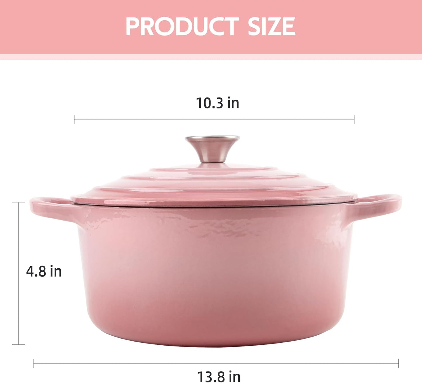 6 Quart Dutch Oven Enameled Cast Iron with Lid - Big Dual Handles - Oven Safe up to 500°F - Classic Round Pot for Versatile Cooking Pink