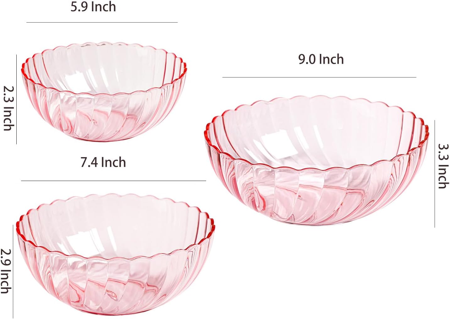 WAIT FLY Acrylic Salad Mixing Bowls Party Snack Bowls Serving Bowls for Candy Dessert Chips Fruits-Pink-3 PCS