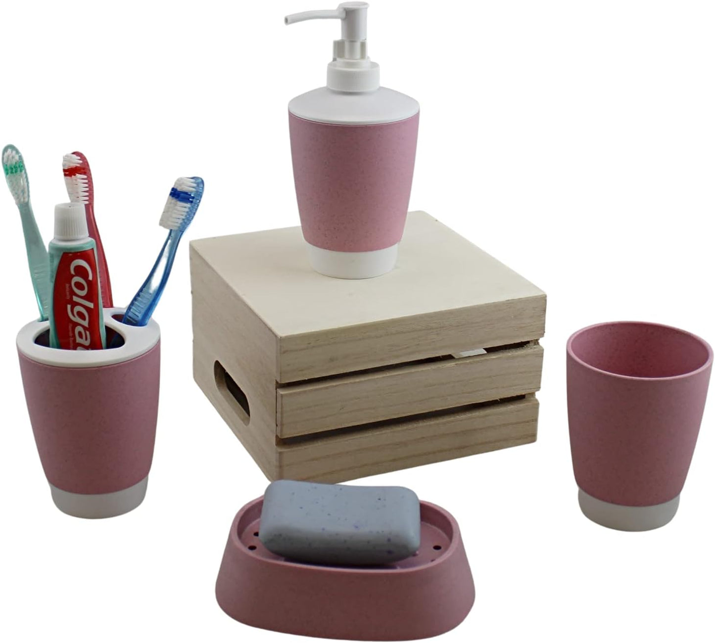Bathroom Accessories Set 4 Piece Accesorios para Baños Soap Dispenser, Soap Dish, Tumble, Toothpaste-Toothbrush Holder (Bubble Gum Pink)