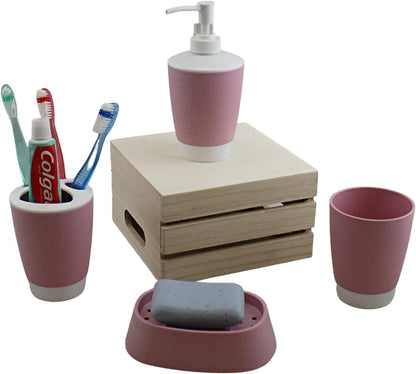 Bathroom Accessories Set 4 Piece Accesorios para Baños Soap Dispenser, Soap Dish, Tumble, Toothpaste-Toothbrush Holder (Bubble Gum Pink)