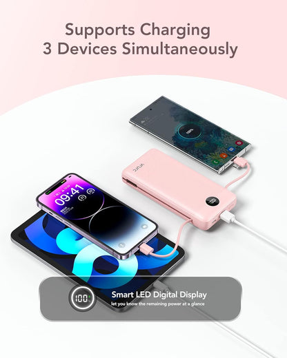 VRURC Portable Charger 20000mAh, Fast Charging Power Bank USB C,4 Output 2 Input Travel Essentials Charging Bank Equipped with LED Display,Built-in Wall Plug and Cables,Phone Charger Battery,Pink