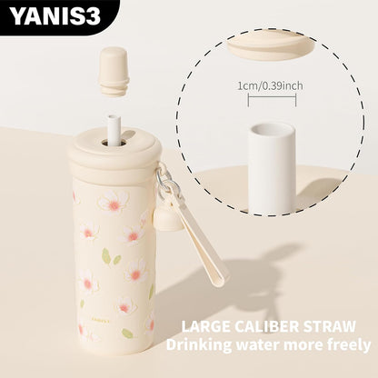 20 oz Thermo Cup with Straw, Thermal Insulated Car Cups with Hand Strap, Stainless Steel Cups with Leak-Proof Lid, Insulated Tumbler Ideal for Office, Travel and Outdoor Use (Peach Blossom)