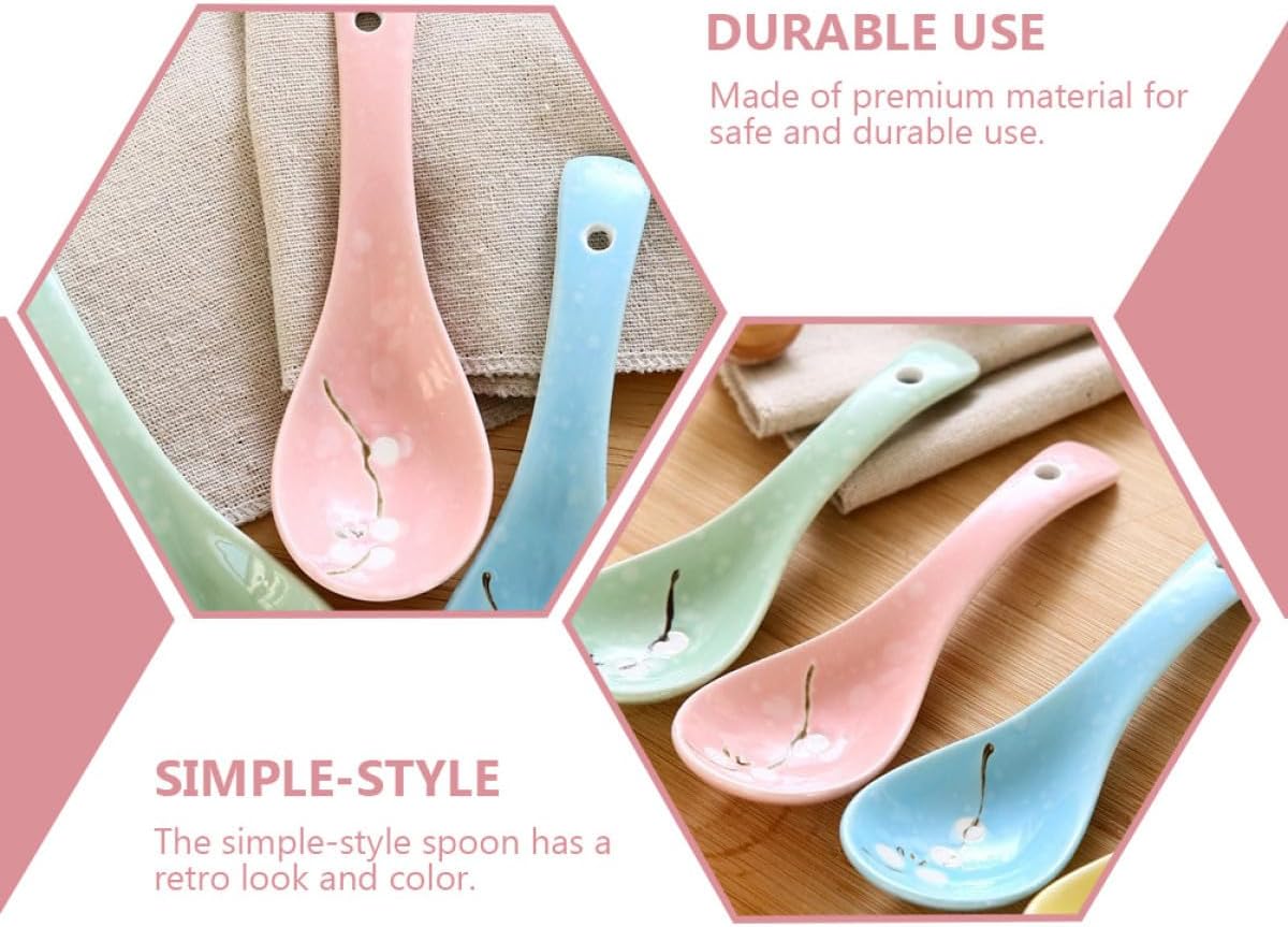 6pcs Japanese Ceramic Porridge Spoons Set Snowflake Pattern Pink Kitchen Utensils for Home Dining and Restaurant Use
