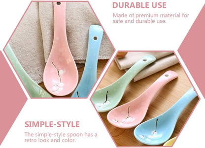 6pcs Japanese Ceramic Porridge Spoons Set Snowflake Pattern Pink Kitchen Utensils for Home Dining and Restaurant Use