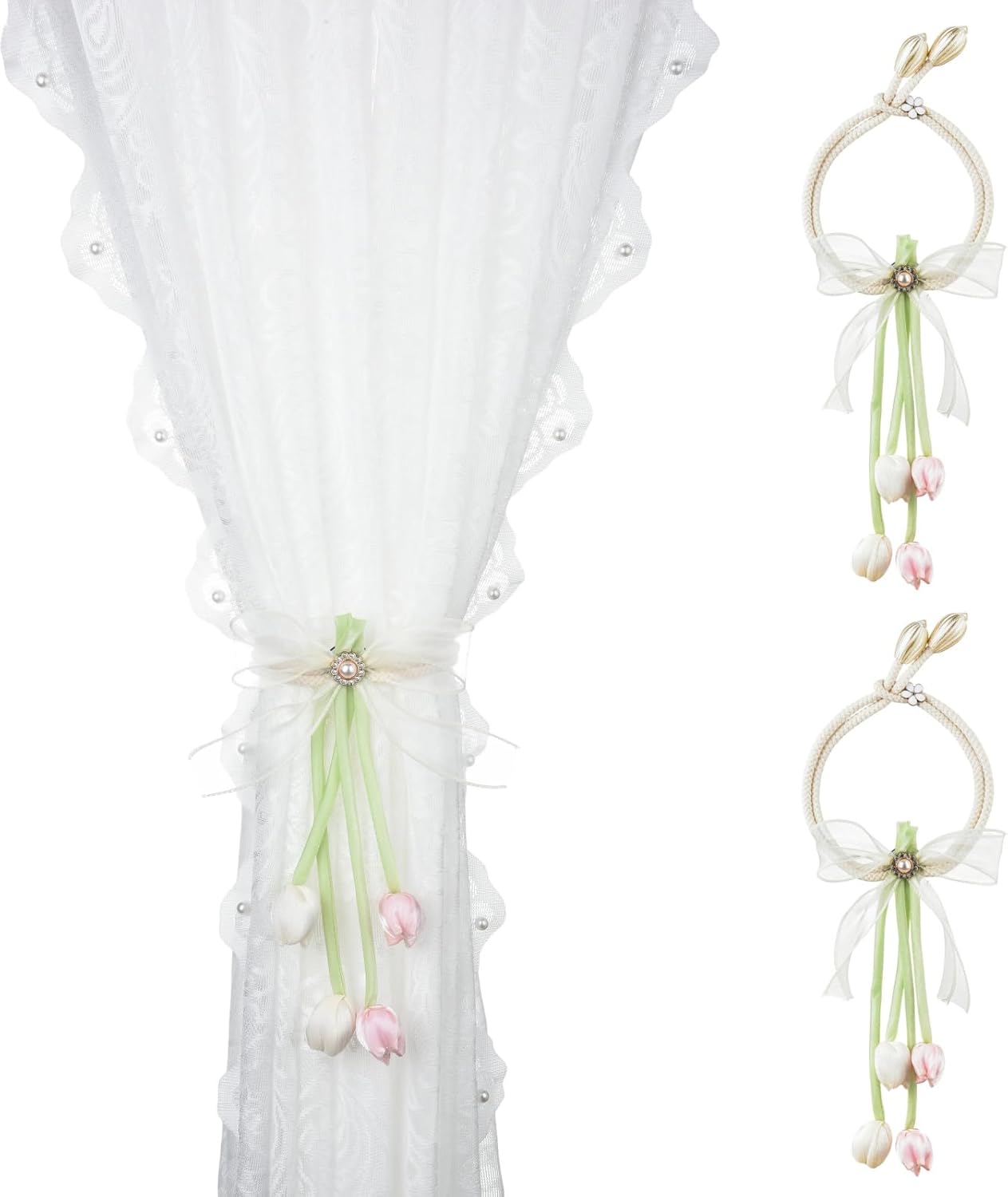 SUQ I OME 1 Pair of 100% Handmade Tulip Flower Curtain Tiebacks with Bowknot,Curtain Ties,Curtain Holdbacks,Pink