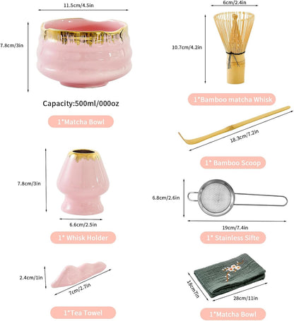 7-Piece Matcha Set: Matcha Bowl + Bamboo Whisk Kit, Ceremonial Matcha Whisk Tools with Golden Texture Details, Japanese Tea Ceremony Starter Kit, Unique Matcha Gift (pink)