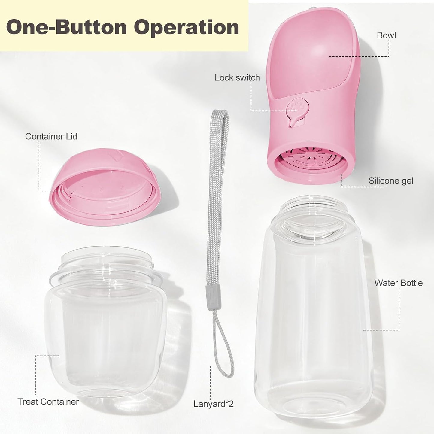 Portable Dog Water Bottle with Food Container, BPA Free Travel Water Bottle for Dogs, 2-in-1 Dispenser Drinking Feeder for Pets Walking, Hiking, Travel, Puppy Essentials, Pink, 12oz