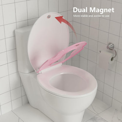 Round Toilet Seats with Toddler Seat Built In, Potty Training Toilet Seat Round Fits Both Adult and Child，with Slow Close and Magnets,Safe PP Material Easy Clean,White and Pink