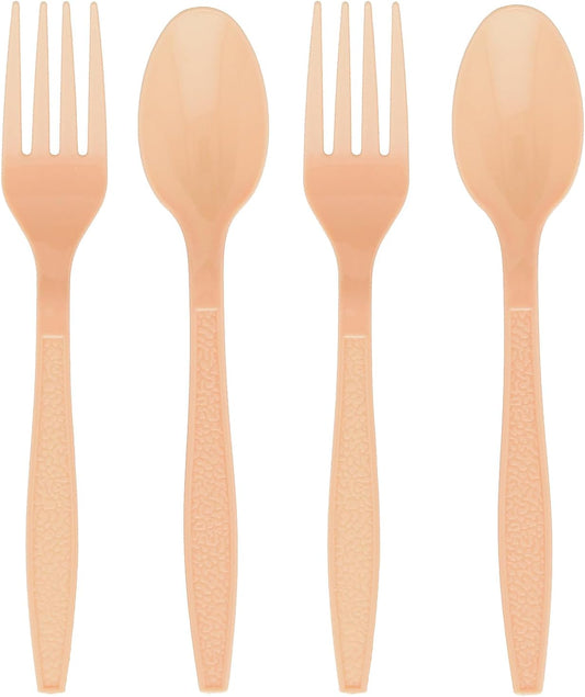 6" Peach Fork & Spoon Plastic Cutlery Set - 16 count