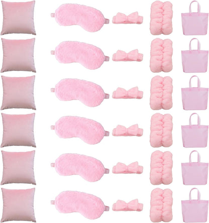 36 Pcs Spa Sleepover Party Favors for Guests, Pink Supplies Set, Featuring 6 Bags, 6 Throw Pillows 17.7 x 17.7 in, 6 Eye Masks, 6 Three-Piece Sets