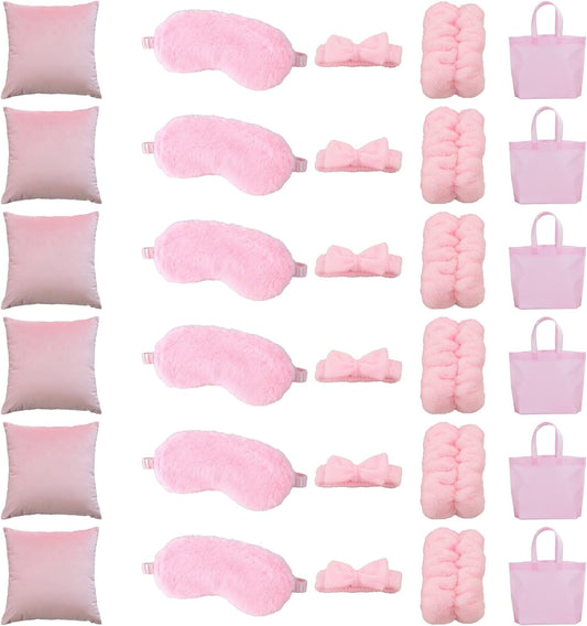 36 Pcs Spa Sleepover Party Favors for Guests, Pink Supplies Set, Featuring 6 Bags, 6 Throw Pillows 17.7 x 17.7 in, 6 Eye Masks, 6 Three-Piece Sets