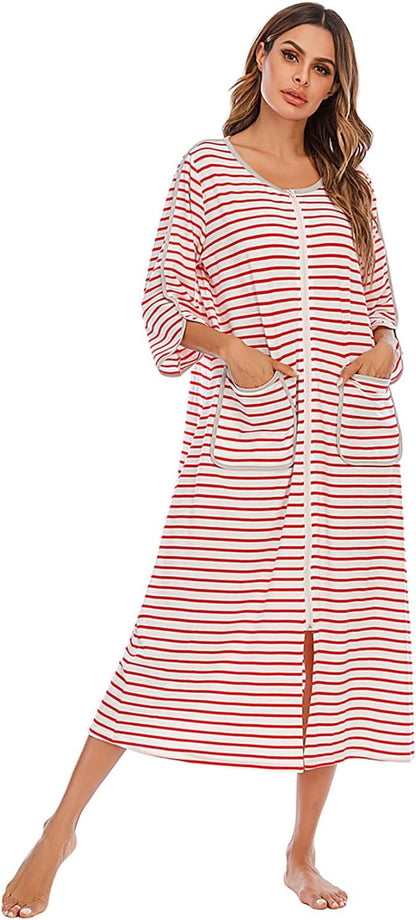 RONGTAI Comfy Cotton Long Robe with Front Zipper - Slimming Striped 3/4 Sleeve Nightwear with Pockets for Women (Year-Round)