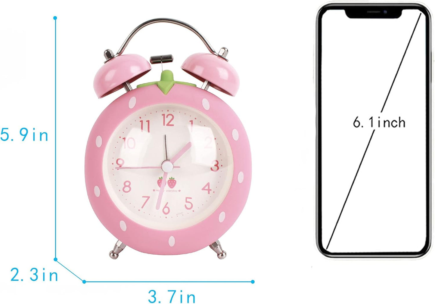 4 inches Twin Bell Alarm Clock Strawberry,Backlight,Battery Operated,Non Ticking,Analog Loud Alarm Clock for Bedroom,Bedside,Desk,Pink, One Size