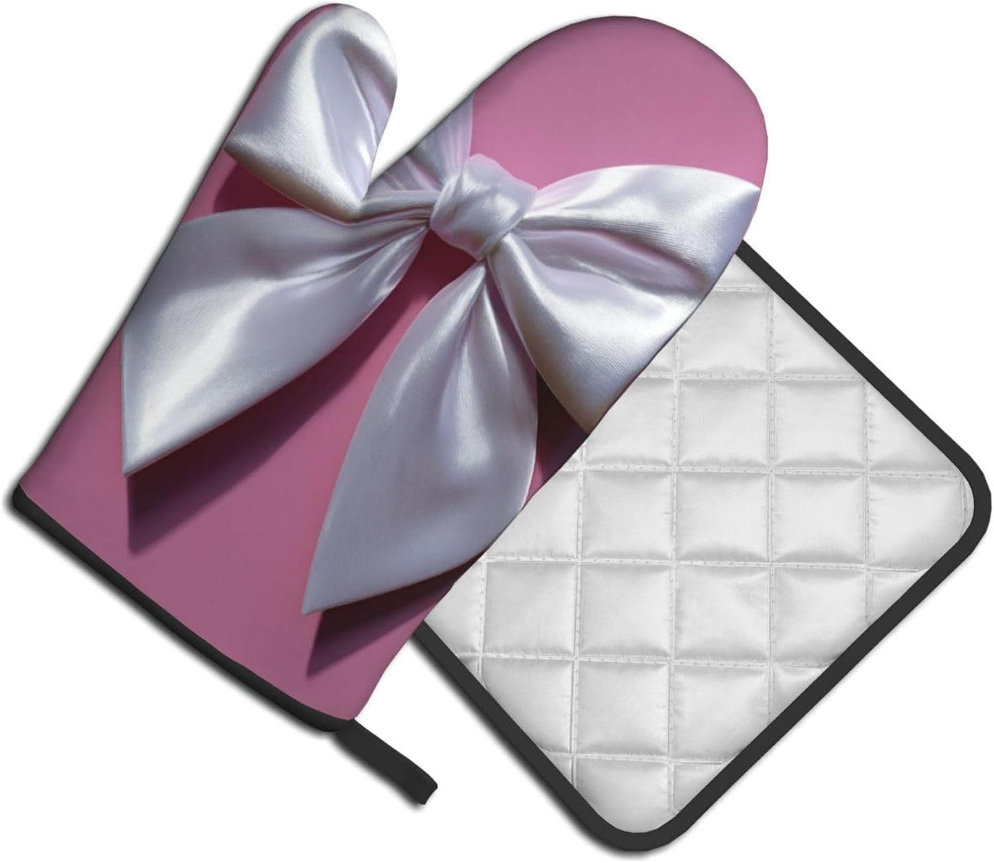 White Satin Bow On Light Pink Oven Mitts and Pot Holders Sets,Heat Resistant Potholder Kitchen Decor for Cooking Baking BBQ, Oven Glove Set