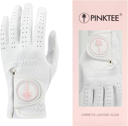 PINKTEE Women's Golf Glove Cabretta Leather Left Hand with Enhanced Grip Ladies Soft Pink Glove Fit Size Small Medium Large XL