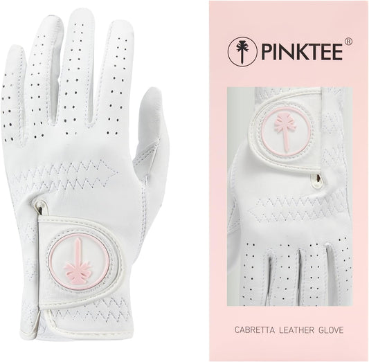PINKTEE Women's Golf Glove Cabretta Leather Left Hand with Enhanced Grip Ladies Soft Pink Glove Fit Size Small Medium Large XL