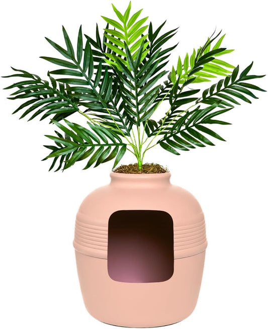 Good Pet Stuff Original Hidden Litter Box Planter, Decorative Cat Litter Enclosure with Carbon Filter, Artificial Palm Plant, Upgraded Design, Easy to Clean, Base Kit, Pink Coral