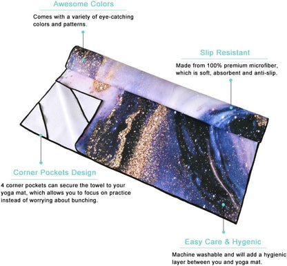 QIYI Large Yoga Mat Towel with Corner Pockets, Non Slip Sweat Absorbent Hot Yoga Towels, Soft Yoga Blankets with Travel Bag, Skidless Mat Cover for Workout, Gym, Fitness - 74"x26", Purple & Pink Grain