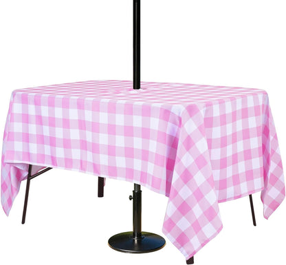 Poise3EHome Rectangle Outdoor Tablecloth with Umbrella Hole and Zipper,Pink and White Gingham 84x60 Inch,SpillProof Washable Table Cloth for Spring Summer Patio Garden Poolside Picnic Camping BBQS