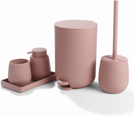 GAHEFY Pink Bathroom Accessories Set with Small Trash Can 3 Liter/0.8 Gallon,Toothbrush Holder,Soap Dispenser,Vanity Tray,Toilet Brush and Holder Pink 5PCS