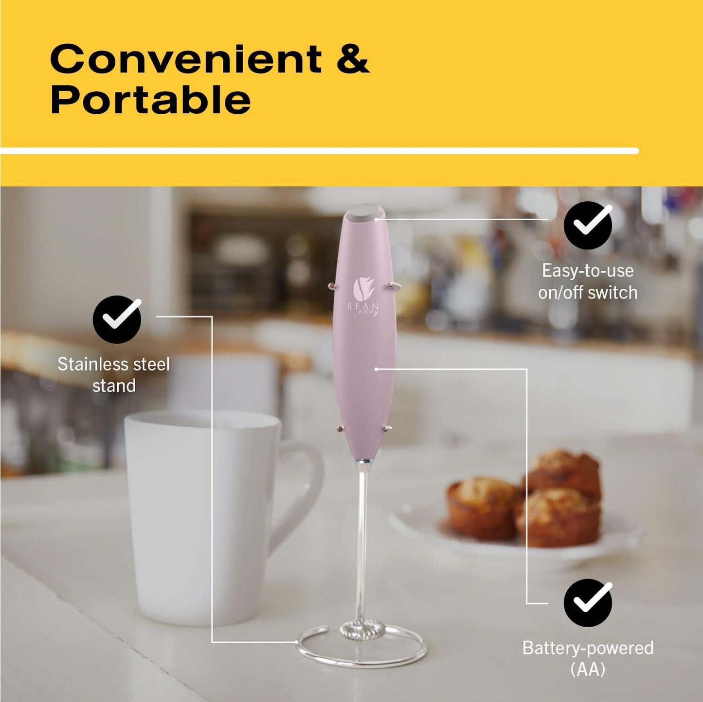 Bean Envy Milk Frother, Coffee Stirrers, Frother Wand, Milk Frother Handheld, Frother with stand, Hand Blender for Coffee, Lattes, Cappuccino, Matcha and Hot Chocolate – Kitchen Gifts - Pink