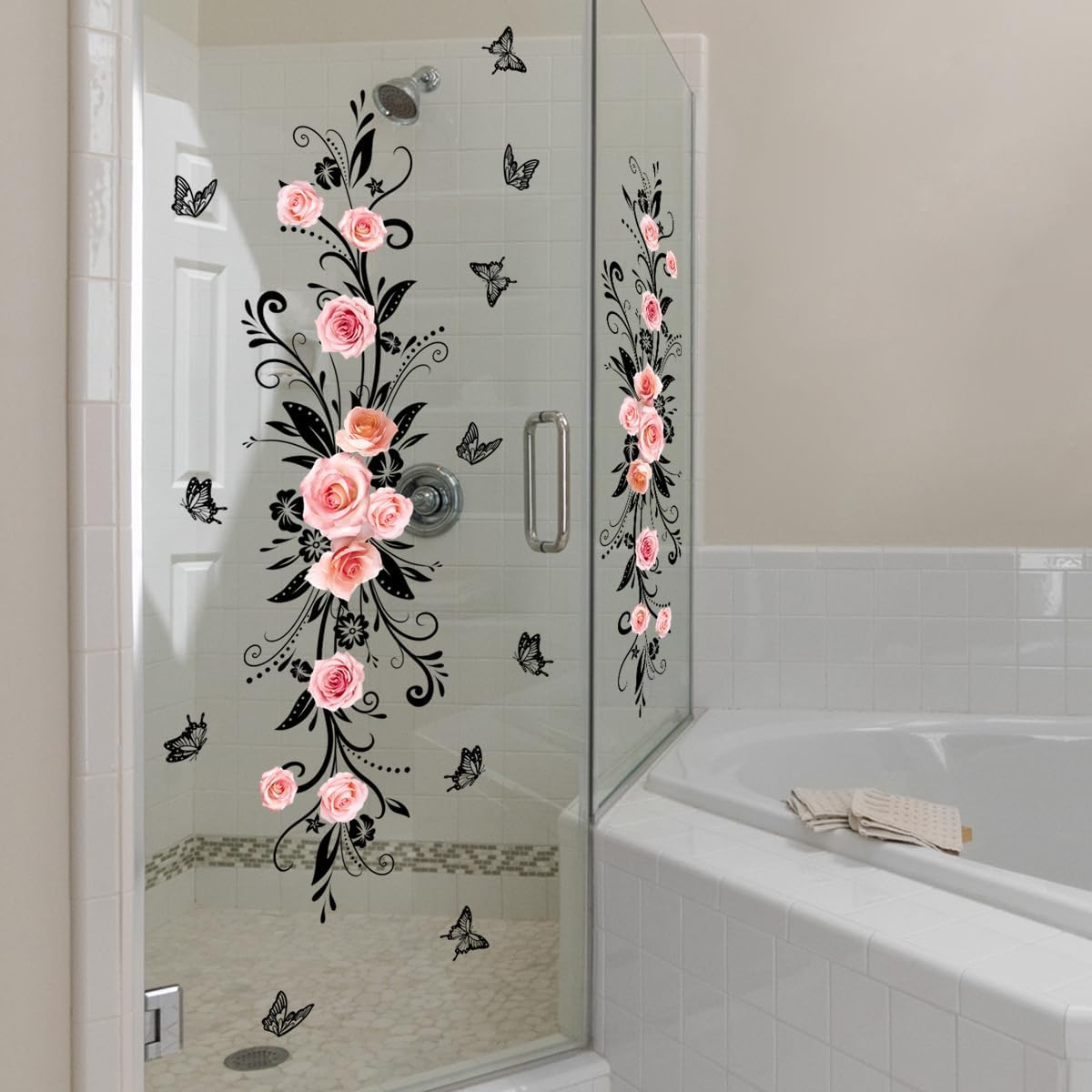 Elegant Pink Rose Wall Decals - Symmetrical Design, Easy Peel&Stick,Removable Wall Sticker,DIY Wall Decals Perfect for Kids Room,Living Room,Bathroom & Window Home Wall and Nursery Décor