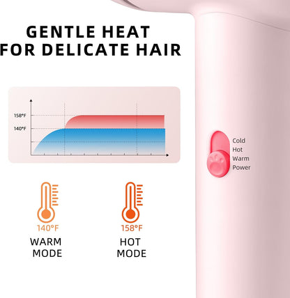 YALICE Kids Hair Dryer, Travel Small Hair Dryer for Children, Mini Ionic Quiet Kids Blow Dryer with ALCI Safety Plug, 3 Speed Settings, Anti-Scald, Kids Birthday Gift for Baby Hair Accessories, Pink