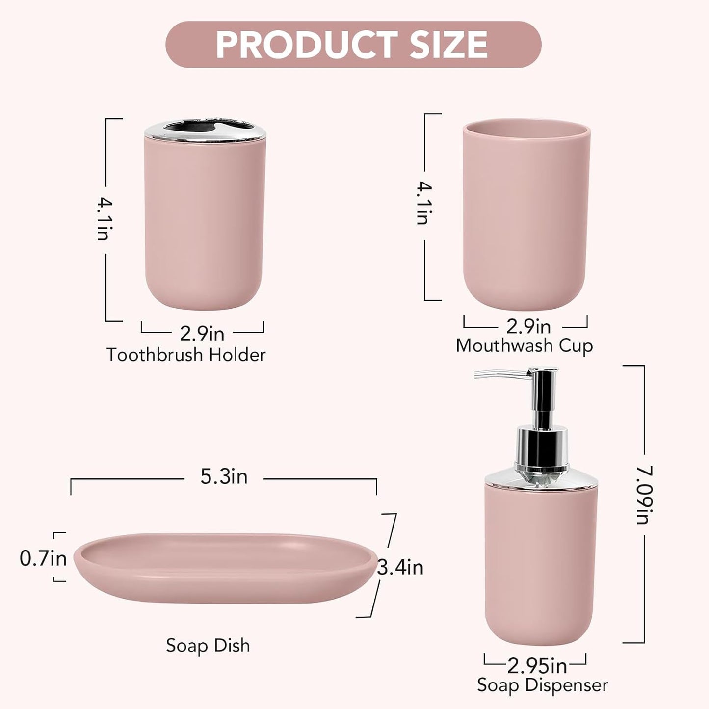 Matte Pink Bathroom Accessories Set, 4 Piece Plastic Bathroom Toothbrush Holder Set, Include Soap Dispenser, Toothbrush Holder, Rinse Cup, Soap Dish, Boho Pink Bathroom Decor for Home, Bathroom Set