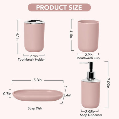 Matte Pink Bathroom Accessories Set, 4 Piece Plastic Bathroom Toothbrush Holder Set, Include Soap Dispenser, Toothbrush Holder, Rinse Cup, Soap Dish, Boho Pink Bathroom Decor for Home, Bathroom Set