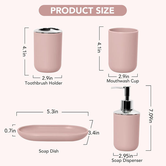 Matte Pink Bathroom Accessories Set, 4 Piece Plastic Bathroom Toothbrush Holder Set, Include Soap Dispenser, Toothbrush Holder, Rinse Cup, Soap Dish, Boho Pink Bathroom Decor for Home, Bathroom Set