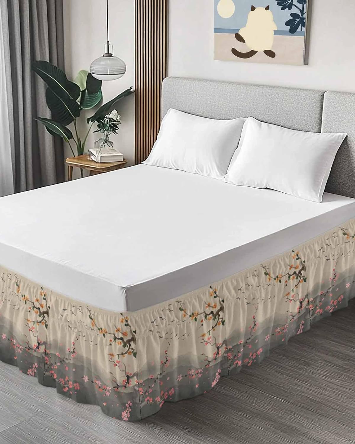 Chinese Ink Painting Bed Skirt Queen Size 16 Inch Drop, Wrap Around Bed Skirts, Pink Peach Blossom Branches Elastic Bedskirt Pleated Bed Frame Cover Luxurious Dust Ruffle for Queen Bed