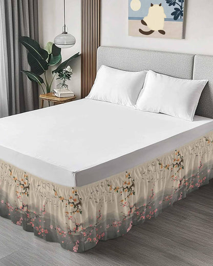 Chinese Ink Painting Bed Skirt Queen Size 16 Inch Drop, Wrap Around Bed Skirts, Pink Peach Blossom Branches Elastic Bedskirt Pleated Bed Frame Cover Luxurious Dust Ruffle for Queen Bed