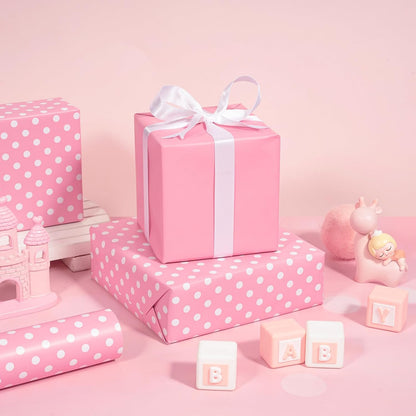 WRAPAHOLIC Reversible Wrapping Paper - Mini Roll - 17 Inch X 33 Feet - Pink and Polka Dot Design for Birthday, Holiday, Wedding, Baby Shower