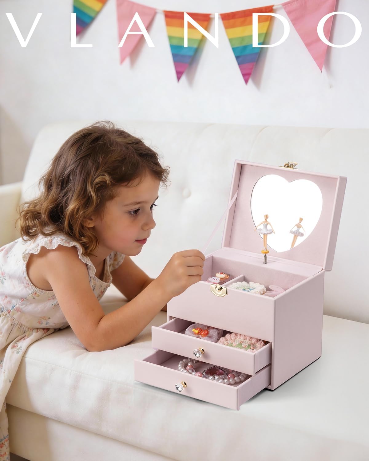 VLANDO Musical Jewelry Box for Girls - Birthday Day Gifts for Daughter Kids - Dance Girls for Ages 4 5 6 7 8-12 Year Old - Kid Music Box with Ballerina for Bedroom Decor - Light Pink