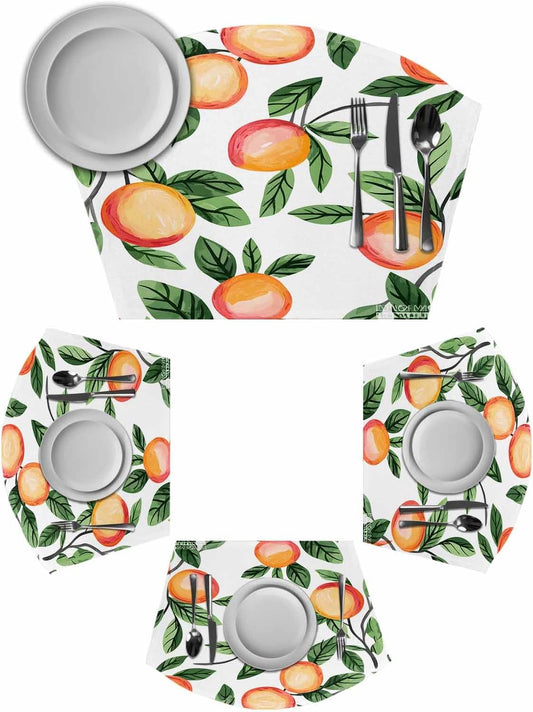 Round Table Placemat Wedge Placemats Set of 6,Spring Summer Country Peach on White Placemat Washable Table Mats,Farmhouse Green Leaves Fan Shaped Place Mats for Kitchen Dinner Party Decor