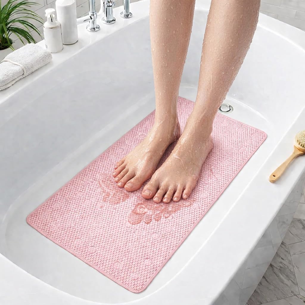 Bathtub Mat Non Slip, Bath Mat for Tub Non Slip, Tub Mat Extra Large 36 x 17 in, Bathtub Mat with Suction Cups & Drain Holes, Soft Foam, Machine Washable, Pink