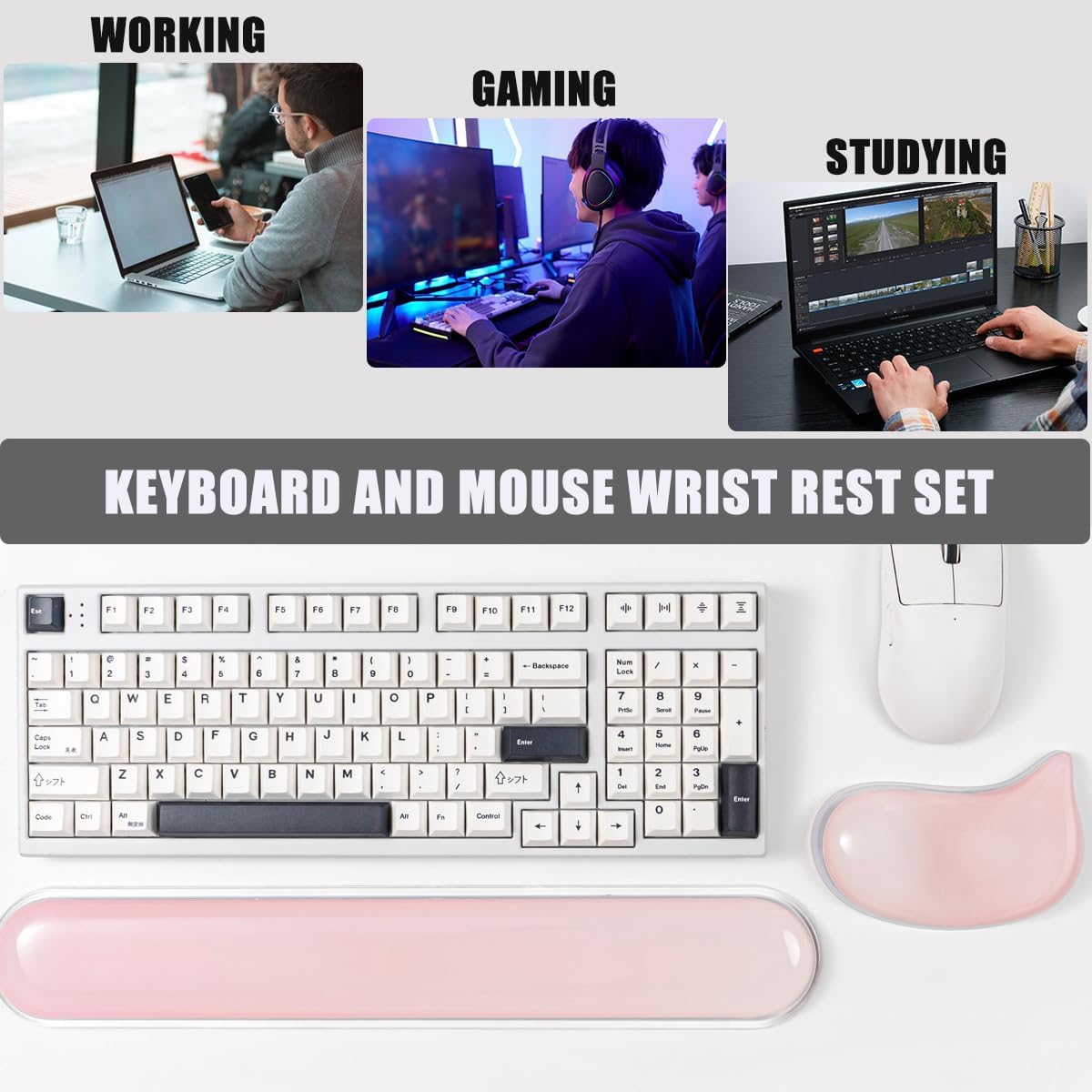 Gel Keyboard and Mouse Wrist Rest Set –Pink Clear Wrist Rest for Computer Keyboard 60%/68%/75%, Comfort & Support for Typing and Gaming