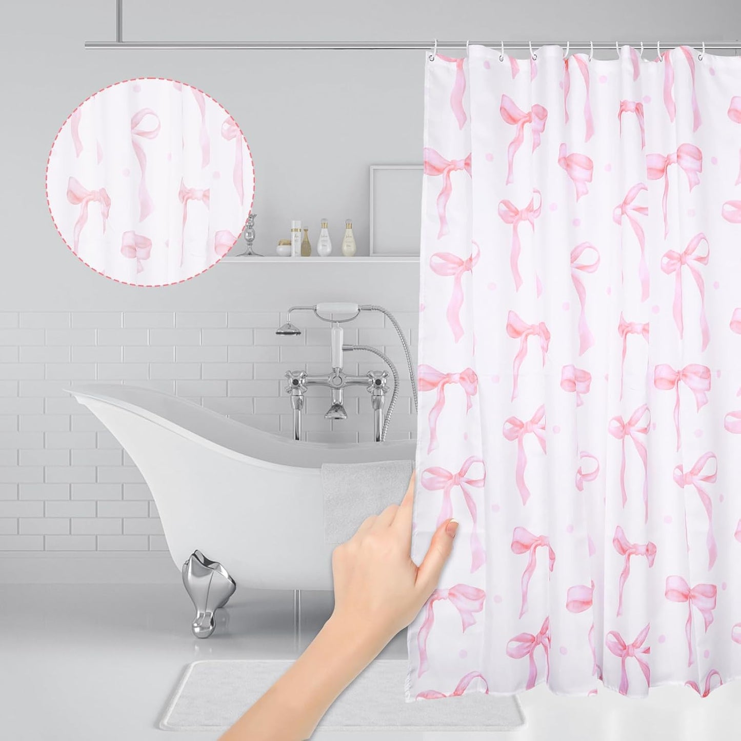 Cute Pink Bow Shower Curtain, Bow Pink Shower Curtain Cute Fabric for Bathroom Aesthetic Cloth Set with Hooks Butterfly Knot Bathroom Home Decor for Girls Women 71 x 71 Inch