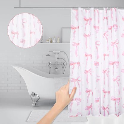 Cute Pink Bow Shower Curtain, Bow Pink Shower Curtain Cute Fabric for Bathroom Aesthetic Cloth Set with Hooks Butterfly Knot Bathroom Home Decor for Girls Women 71 x 71 Inch